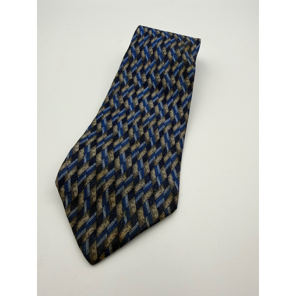 Honors Mens Silk Necktie Blue Grey Geometric Diamond Pattern Italian Fabric